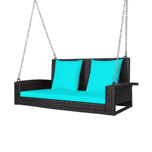 2-Person Patio Rattan Porch Swing with Cushions-Turquoise For Cheap