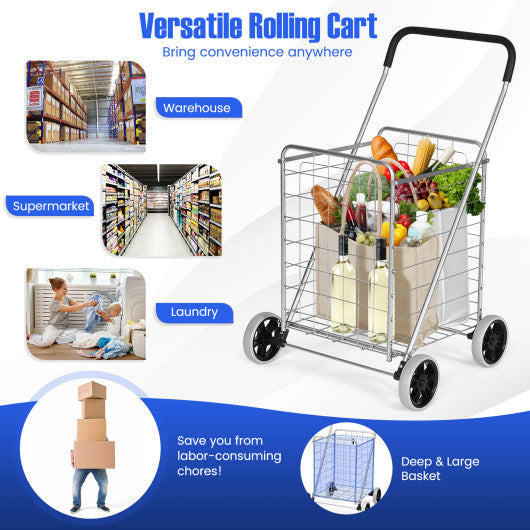 Portable Folding Shopping Cart Utility for Grocery Laundry-Silver Cheap