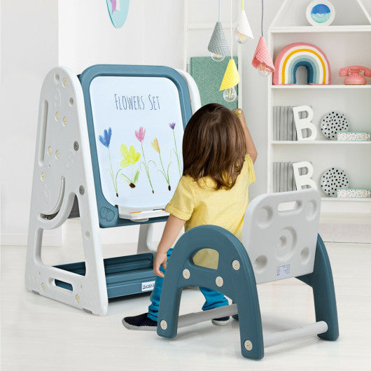 2-in-1 Kids Easel Desk Chair Set Book Rack Adjustable Art Painting Board-Blue For Sale