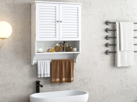 2-Doors Bathroom Wall-Mounted Medicine Cabinet with Towel Bar-White For Sale