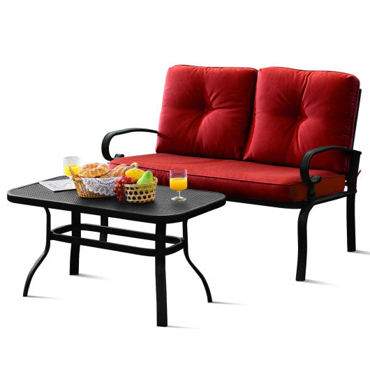 2 Pieces Patio Loveseat Bench Table Furniture Set with Cushioned Chair-Red Cheap