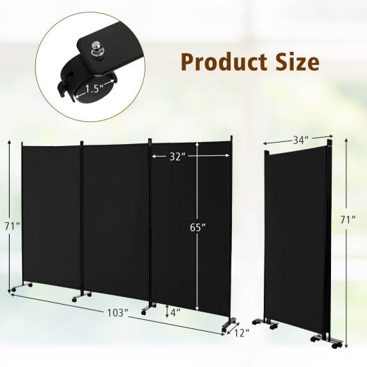 3 Panel Folding Room Divider with Lockable Wheels-Black For Discount