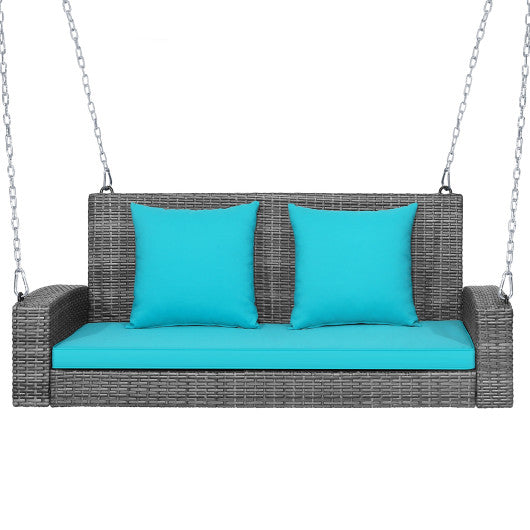 2-Person Patio PE Wicker Hanging Porch Swing Bench Chair Cushion 800 Pounds-Turquoise Supply