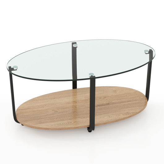 2-Tier Glass-Top Oval Coffee Table with Wooden Shelf for Living Room Online Hot Sale