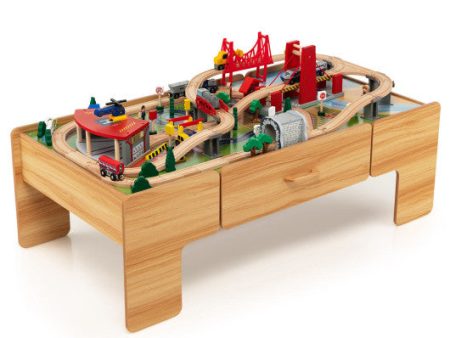 Kids Double-Sided Wooden Train Table Playset with Storage Drawer Sale