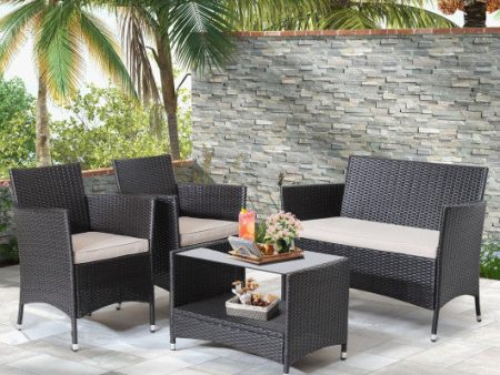 4 Pieces Patio Conversation Set with Soft Cushions and Tempered Glass Tabletop on Sale