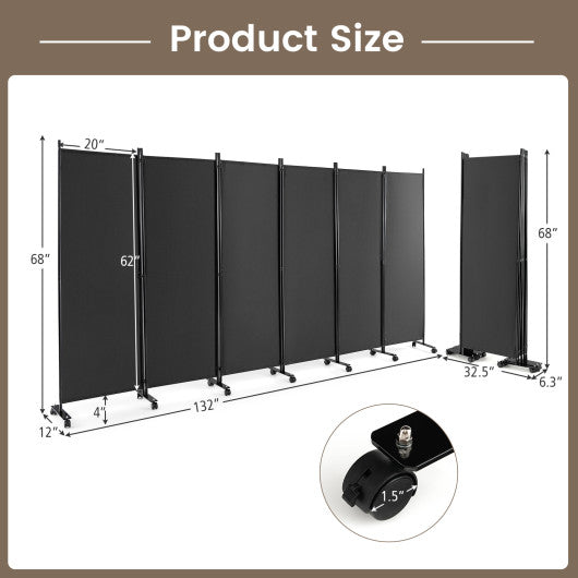 6 Panel 5.7 Feet Tall Rolling Room Divider on Wheels-Gray Online