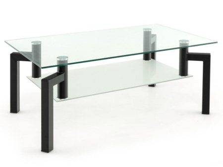 2-Tier Rectangular Glass Coffee Table with Metal Tube Legs-Black Sale