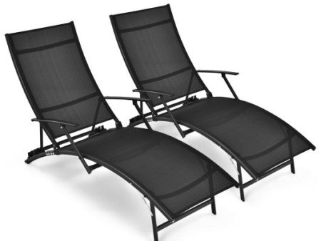 2 Pieces Patio Folding Stackable Lounge Chair Chaise with Armrest-Black Online Hot Sale