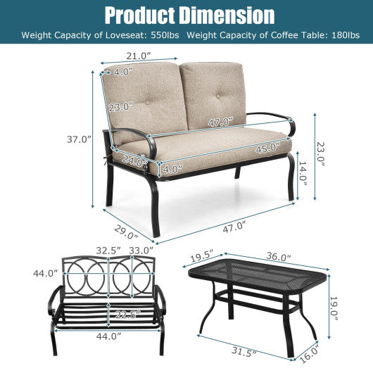 2 Pieces Patio Loveseat Bench Table Furniture Set with Cushioned Chair-Beige on Sale