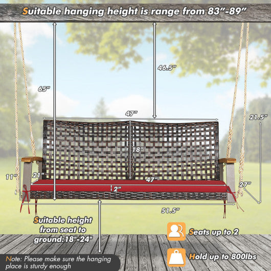 2-Person Rattan Hanging Porch Swing Chair-Red Online Sale