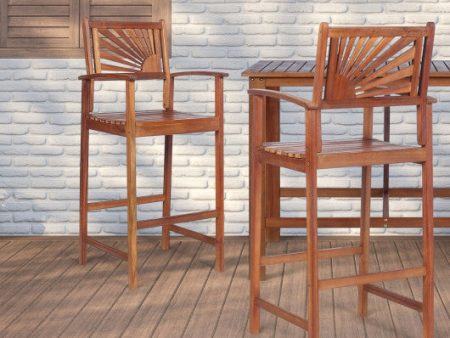 2 Pieces Outdoor Acacia Wood Bar Chairs with Sunflower Backrest and Armrests Discount