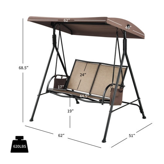 2-Person Patio Swing with Adjustable Canopy and 2 Storage Pocket-Brown Online Sale