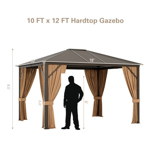 12 x10 Feet Outdoor Hardtop Gazebo with Galvanized Steel Top and Netting-Brown on Sale