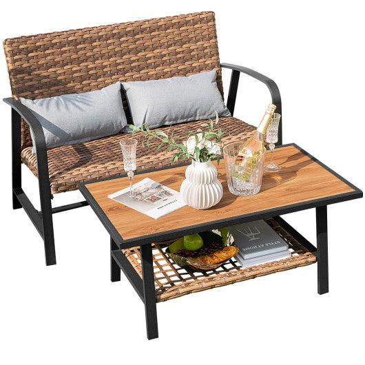 2 Pieces Patio Rattan Coffee Table Set with Shelf For Discount