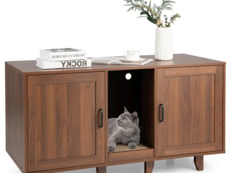 2-Door Cat Litter Box Enclosure with Winding Entry and Scratching Board-Brown For Cheap