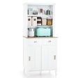 Freestanding Kitchen Pantry with Hutch Sliding Door and Drawer-White Discount