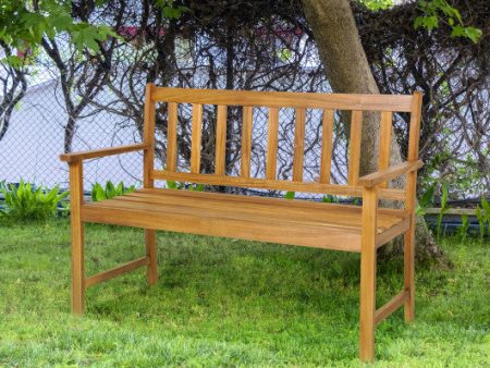 2-Person Patio Acacia Wood Bench with Backrest and Armrests For Cheap