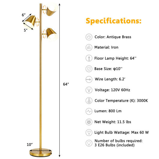 64 Inch 3-Light LED Floor Lamp Reading Light for Living Room Bedroom - Golden Discount