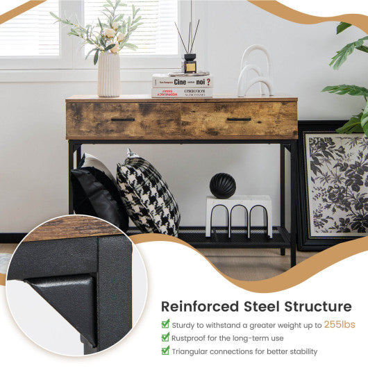 2 Drawers Industrial Console Table with Steel Frame for Small Space-Rustic Brown For Discount