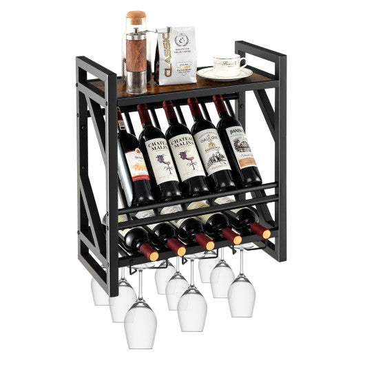 10 Bottles Wall Mounted Wine Rack with Glass Holder Online now