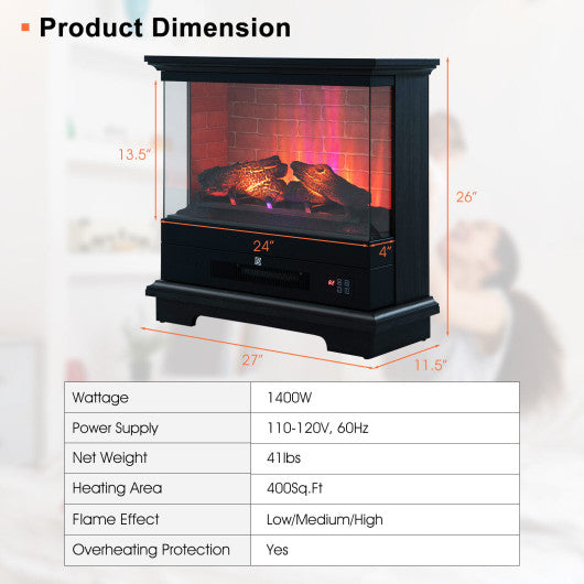 27 Inch Freestanding Electric Fireplace with 3-Level Vivid Flame Thermostat-Black For Sale