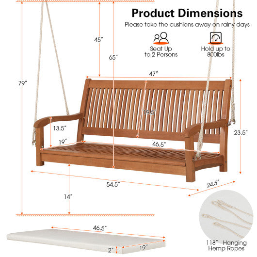 2-Person Hanging Porch Swing Wood Bench with Cushion Curved Back Cheap