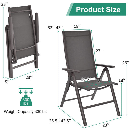 2 Pieces Patio Folding Dining Chairs Aluminium Adjustable Back-Gray For Sale