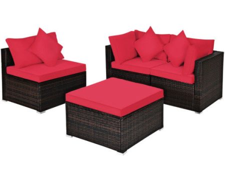 4 Pcs Ottoman Garden Deck Patio Rattan Wicker Furniture Set Cushioned Sofa-Red Cheap