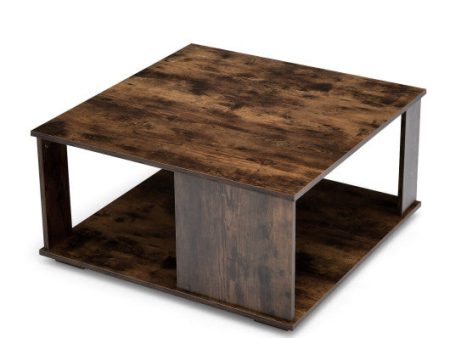 2 Tiers Square Coffee Table with Storage and Non-Slip Foot Pads-Rustic Brown on Sale