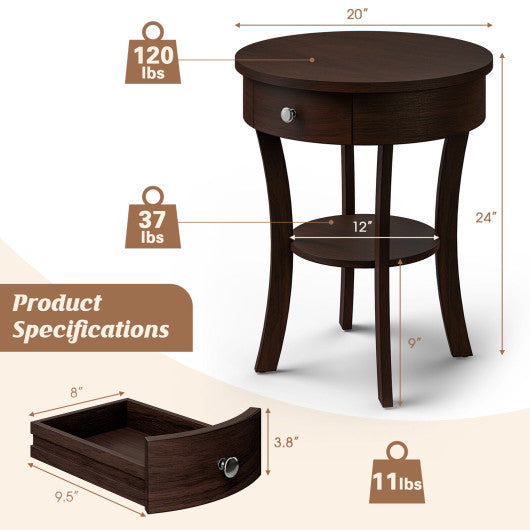 2-Tier Wood Round End Table with Open Drawer-Brown on Sale