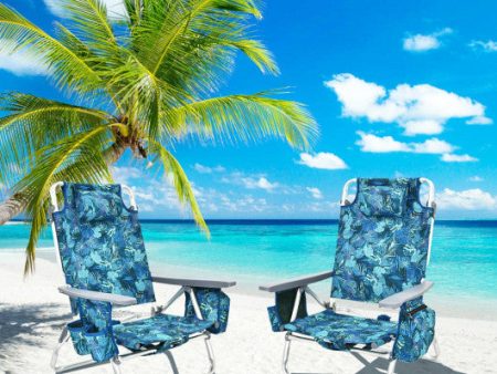 2-Pack Folding Backpack Beach Chair 5-Position Outdoor Reclining Chairs with Pillow-Navy Online