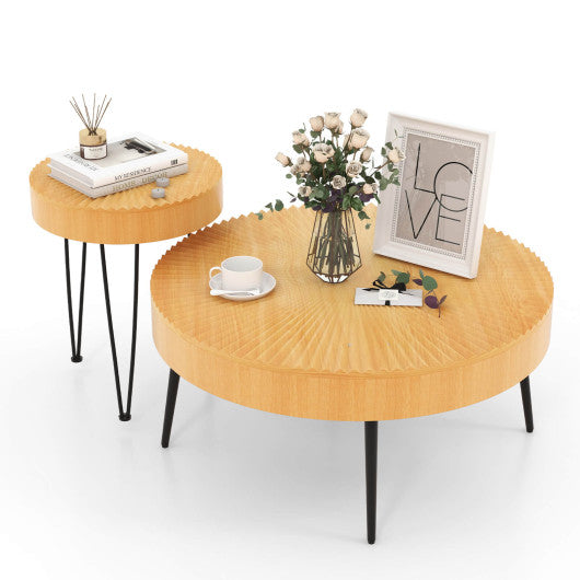 2 Set of Wooden Coffee Table with Metal Legs and Adjustable Foot Pads-Radial Pattern Online Sale