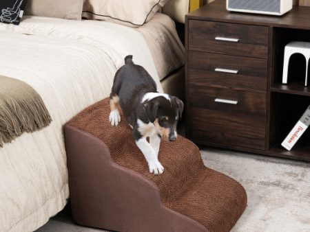 3-Tier Non-Slip Dog Steps with High-Density Sponge and Silicone Paw Prints-Brown For Sale