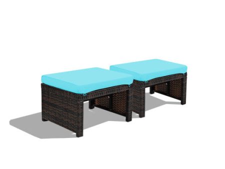 2 Pieces Patio Rattan Ottomans with Soft Cushion for Patio and Garden-Turquoise Discount