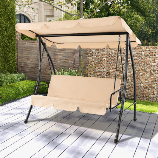 2-Seat Outdoor Convertible Swing Chair with Flat Bed and Adjustable Canopy-Beige For Discount