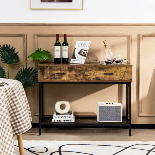 2 Drawers Industrial Console Table with Steel Frame for Small Space-Rustic Brown For Discount