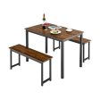 3 Pieces Dining Table Set with 2 Benches for Dining Room Kitchen Bar-Brown Sale