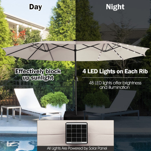 15 Feet Twin Patio Umbrella with 48 Solar LED Lights-Beige Hot on Sale