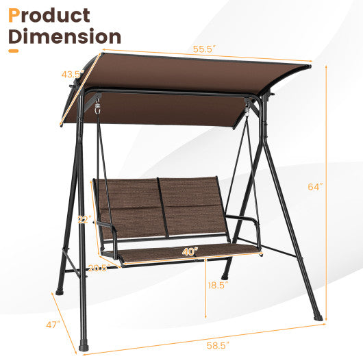 2 Person Porch Swing with Adjustable Canopy and Padded Seat-Brown For Sale