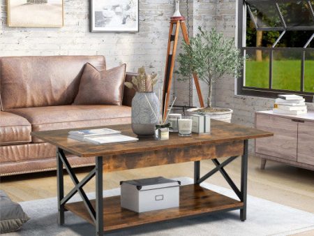 2-Tier Industrial Rectangular Coffee Table with Storage Shelf-Rustic Brown Online now