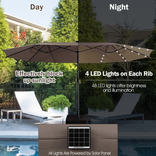 15 Feet Twin Patio Umbrella with 48 Solar LED Lights-Light Brown For Discount