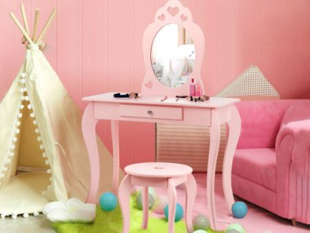 Kids Princess Makeup Dressing Play Table Set with Mirror -Pink Fashion