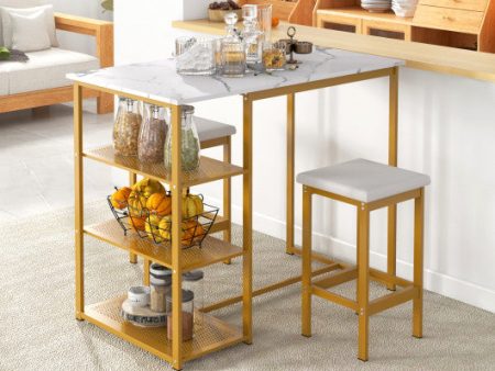 3 Pieces Gold Bar Table Set for 2 with 3-Tier Storage Shelves-Golden Discount