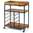 3-Tier Wood Rolling Kitchen Serving Cart with 9 Wine Bottles Rack Metal Frame-Rustic Brown Supply