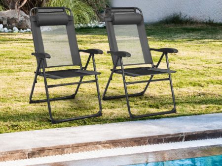 2 Pieces Patio Adjustable Folding Recliner Chairs with 7 Level Adjustable Backrest-Gray Sale