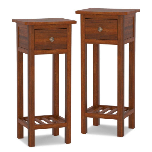 2 Tier Slim Nightstand Bedside Table with Drawer Shelf-Brown Online now