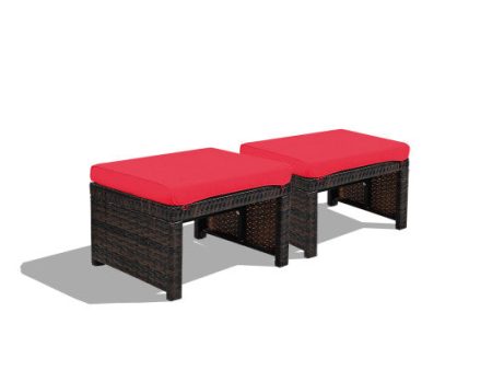 2 Pieces Patio Rattan Ottomans with Soft Cushion for Patio and Garden-Red Online now