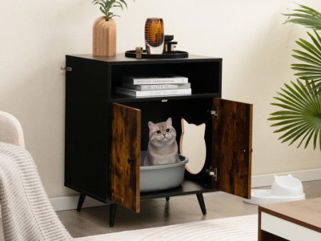 Industrial Cat Litter Box Enclosure with Entry and Open Compartment-Rustic Brown Sale