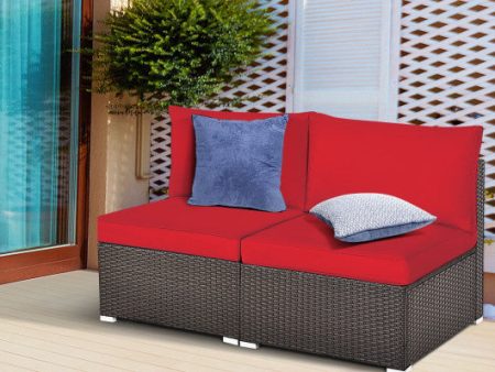 2 Pieces Patio Rattan Armless Sofa Set with 2 Cushions and 2 Pillows-Red Sale